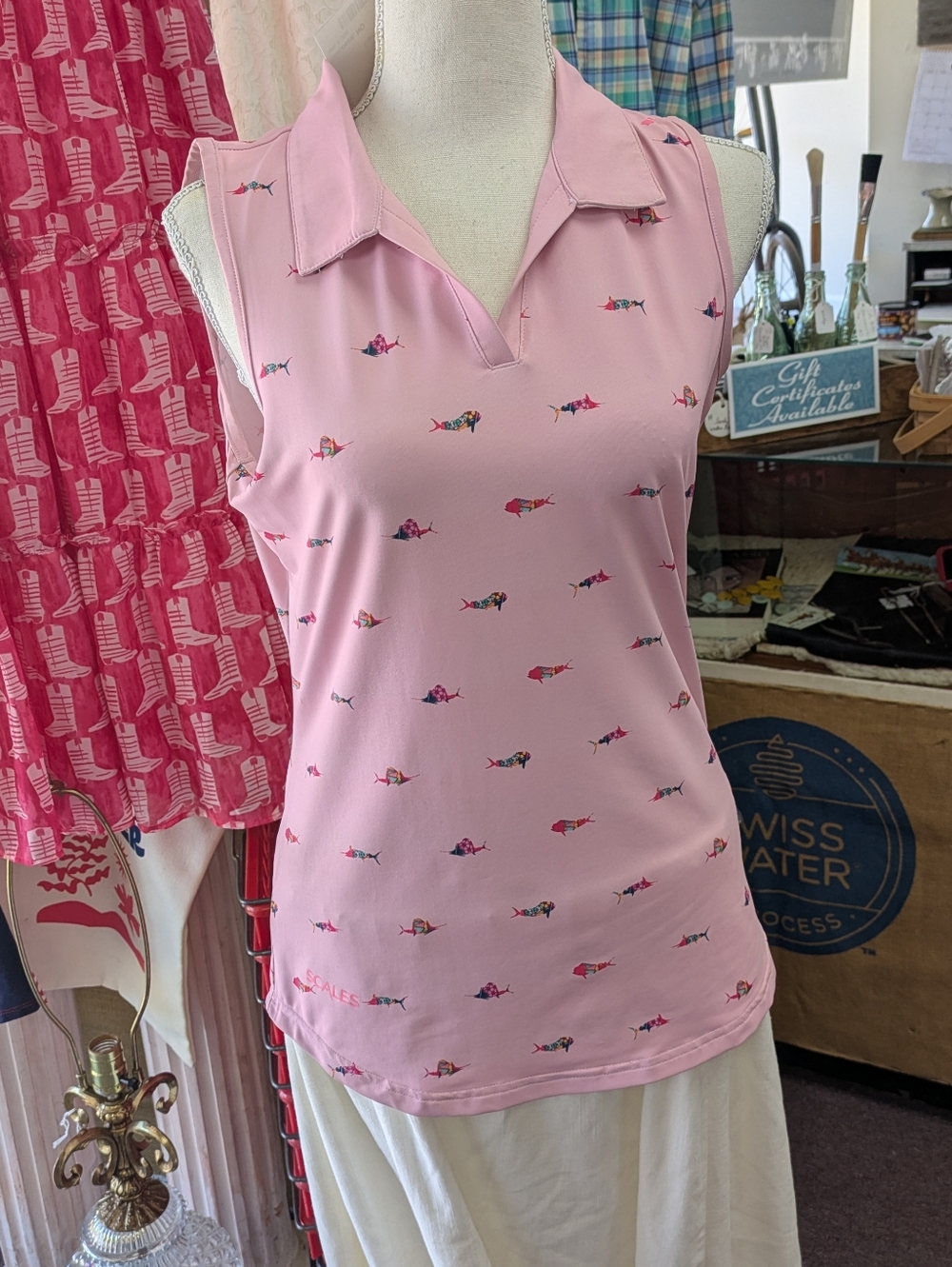Scales Fishing Outdoor Sleeveless Pink V-Neck Polo Tank with Mini Fish Print